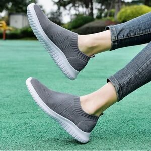Women's Walking Sock Shoes Elastic Knit Lightweight Slip on Breathable Grey